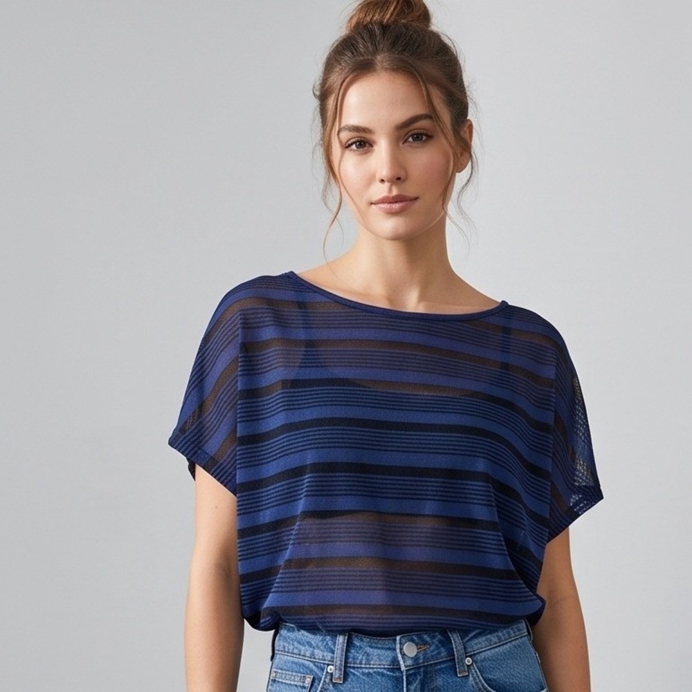 Lane Bryant‎ Womens 26/28 Blue Striped Sheer Burnout Dolman Sleeve Top NWT